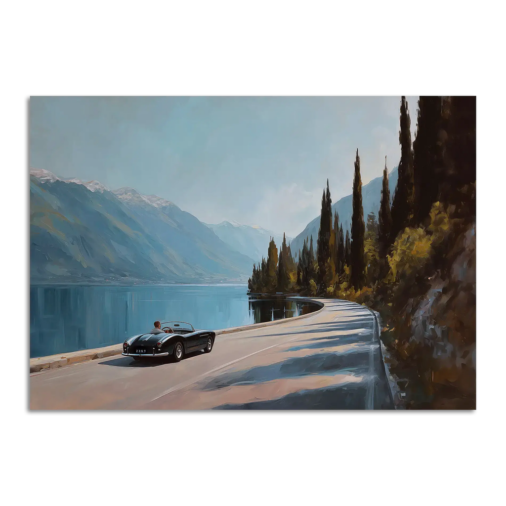Timeless Alpine Grand Tour – Poster featuring a classic roadster by a serene alpine lake.