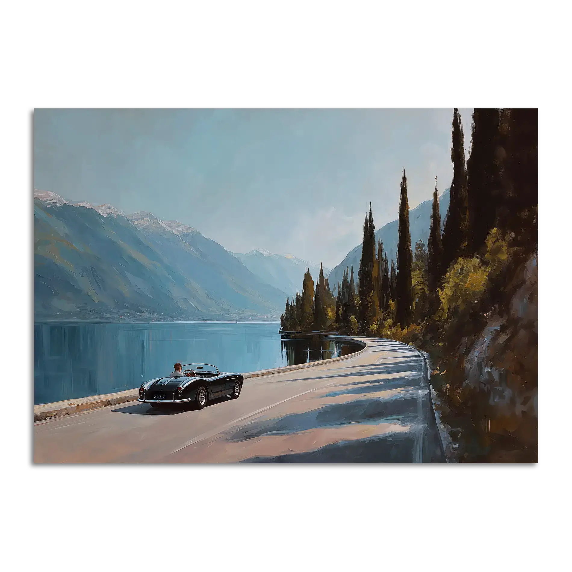 Timeless Alpine Grand Tour – Poster featuring a classic roadster by a serene alpine lake.