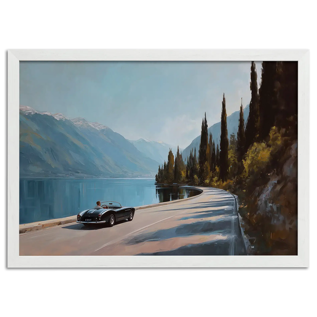 Timeless Alpine Grand Tour – Poster featuring a classic roadster by an alpine lake with mountains in the background.