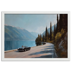 Timeless Alpine Grand Tour – Poster featuring a classic roadster by an alpine lake with mountains in the background.