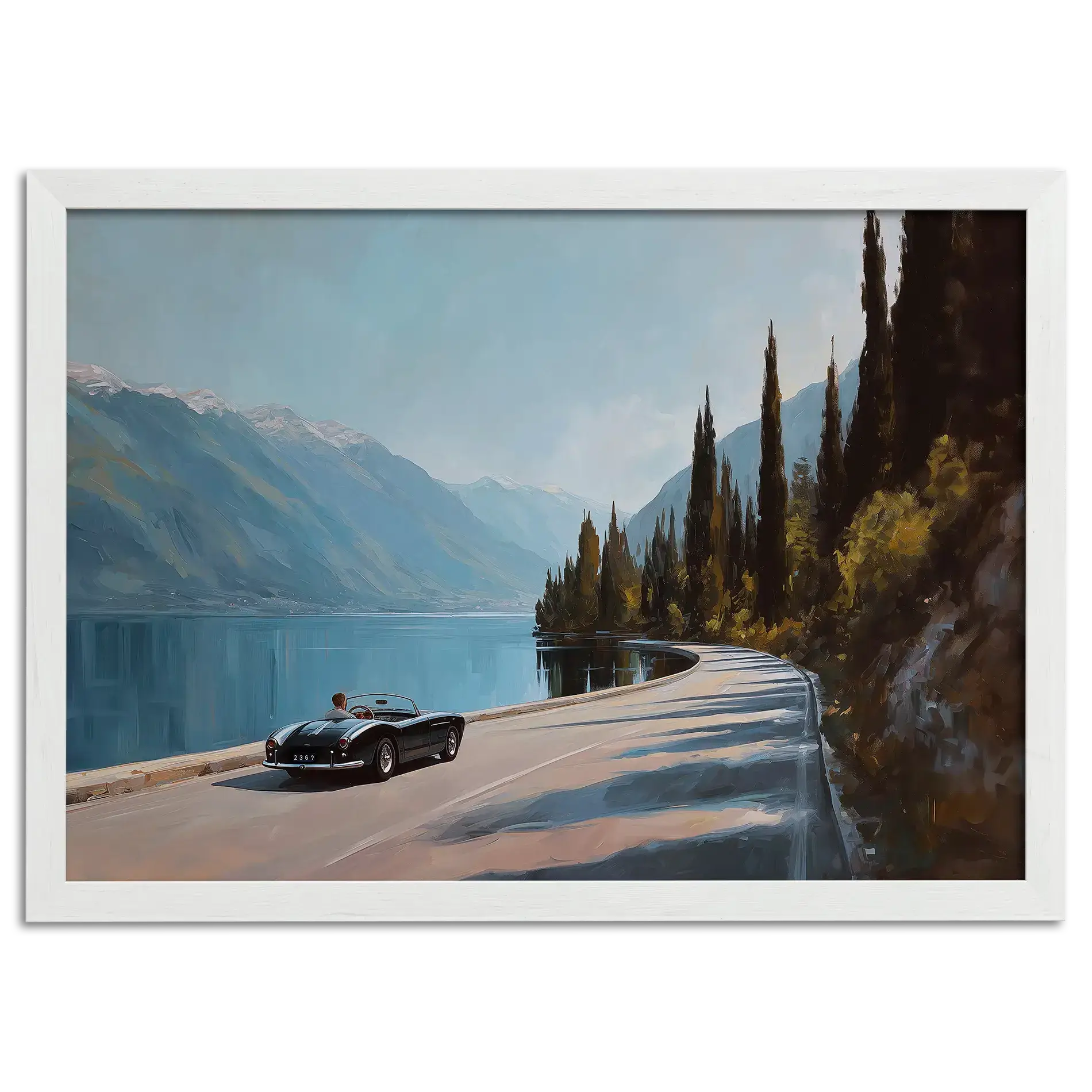 Timeless Alpine Grand Tour – Poster featuring a classic roadster by an alpine lake with mountains in the background.