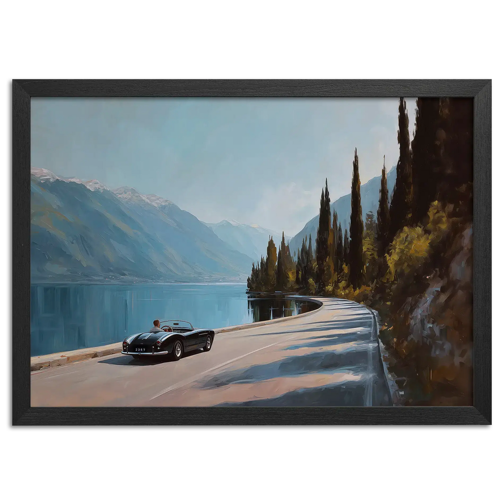 Timeless Alpine Grand Tour – Poster featuring a classic roadster by an alpine lake and mountains.