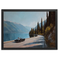Timeless Alpine Grand Tour – Poster featuring a classic roadster by an alpine lake and mountains.