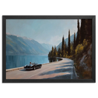 Timeless Alpine Grand Tour – Poster featuring a classic roadster by an alpine lake and mountains.
