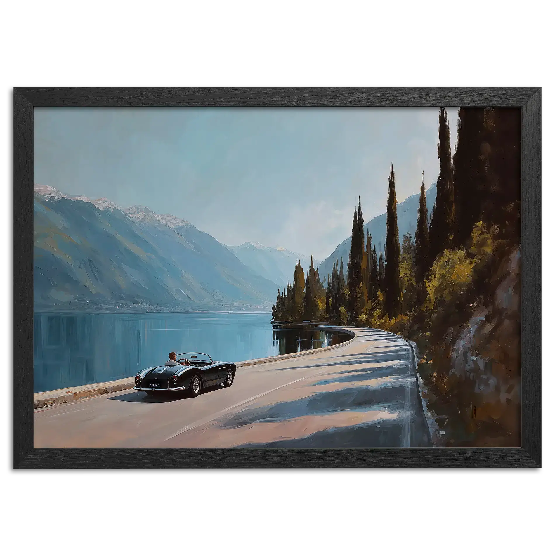 Timeless Alpine Grand Tour – Poster featuring a classic roadster by an alpine lake and mountains.