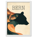 Timeless Charm of Bern - Poster featuring a silhouette of a bear with Bern's old town backdrop.