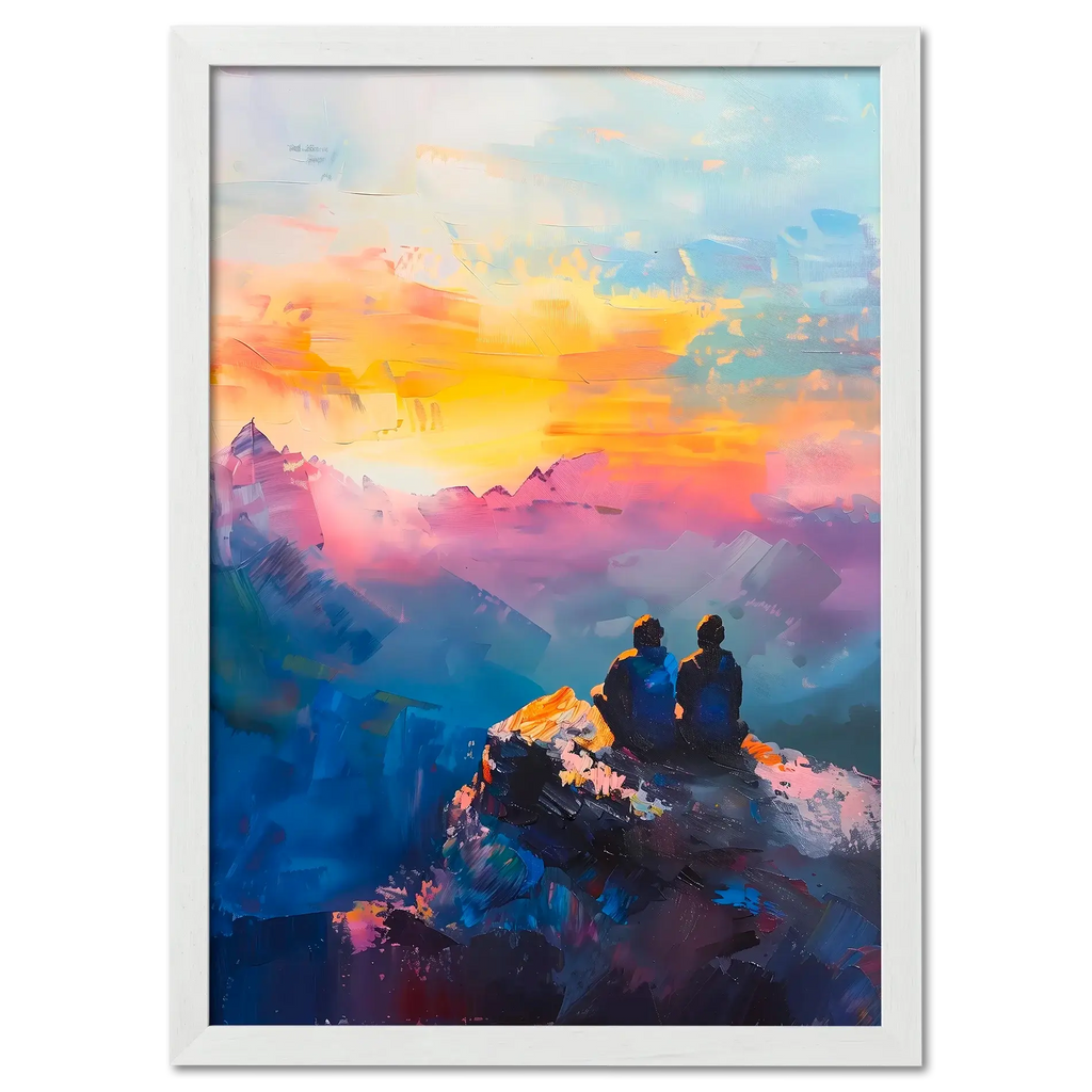 Together at the Top of the World - Poster featuring two people on a mountain peak watching a colorful sunset.