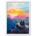 Together at the Top of the World - Poster featuring two people on a mountain peak watching a colorful sunset.