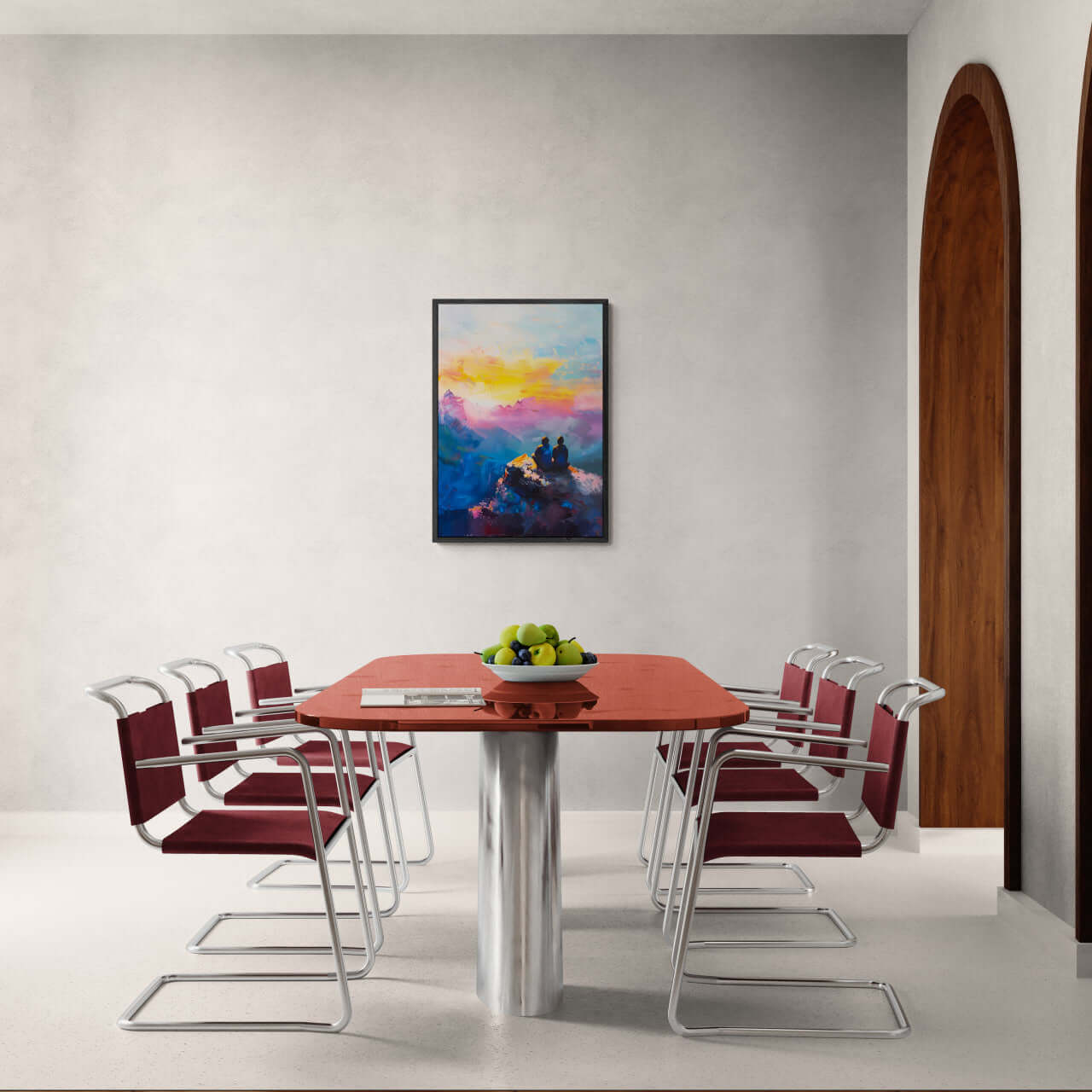 Together at the Top of the World - Poster displayed in a modern dining area with a vibrant sunset view.