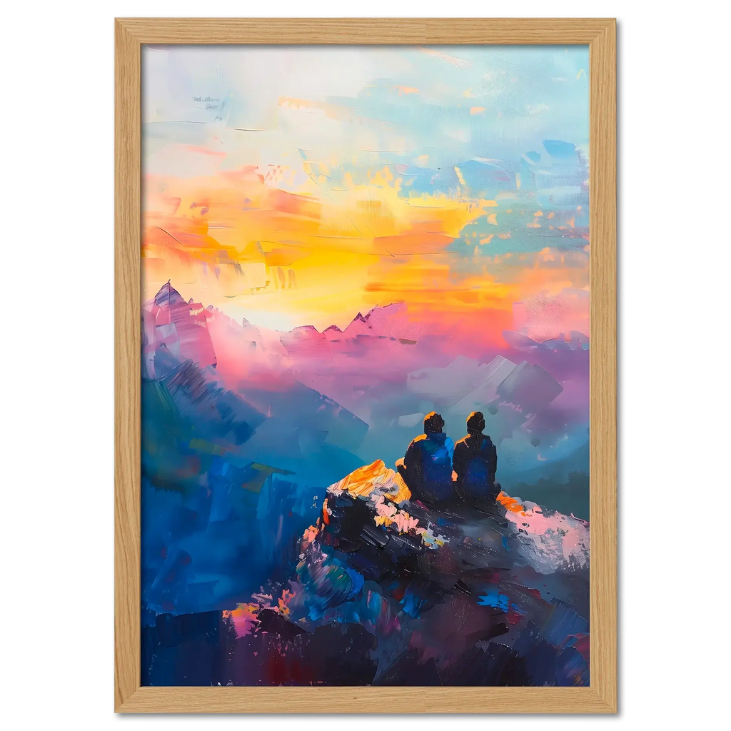 Together at the Top of the World - Poster depicting two people on a mountain peak at sunset.