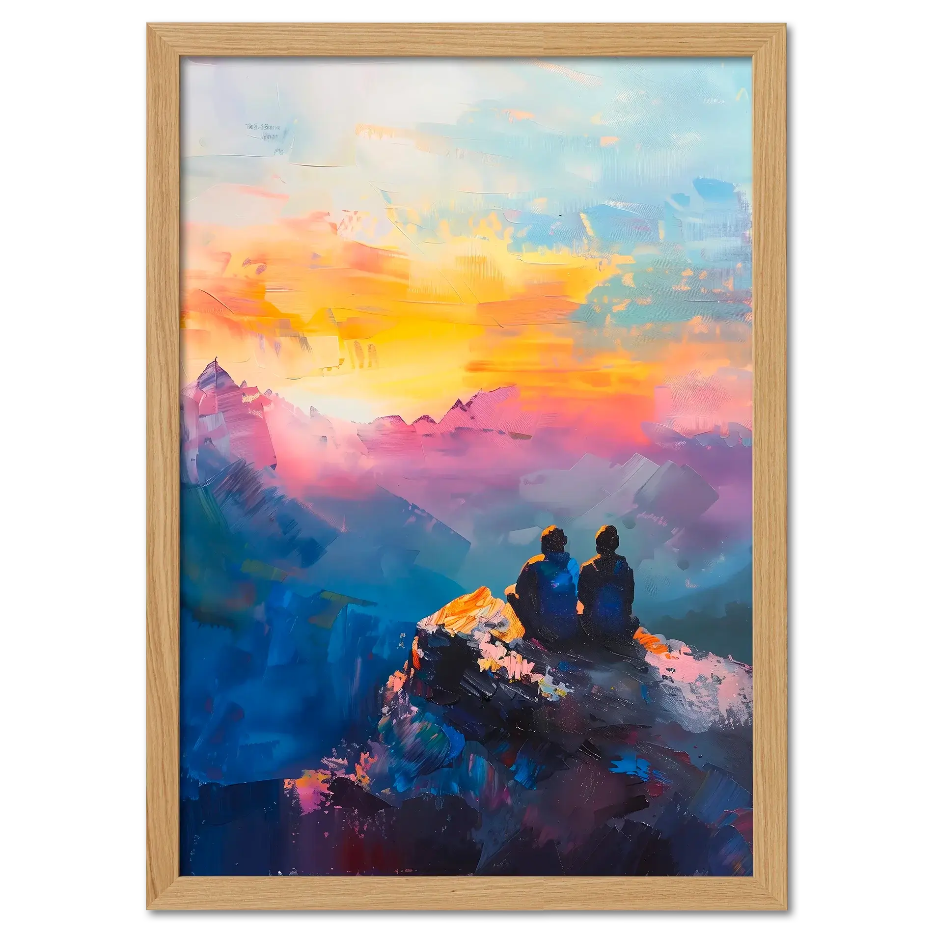 Together at the Top of the World - Poster depicting two people on a mountain peak at sunset.