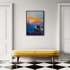Together at the Top of the World - Poster displayed on a wall above a yellow sofa in a modern interior.