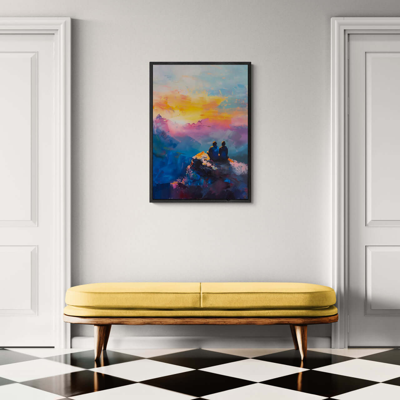 Together at the Top of the World - Poster displayed on a wall above a yellow sofa in a modern interior.
