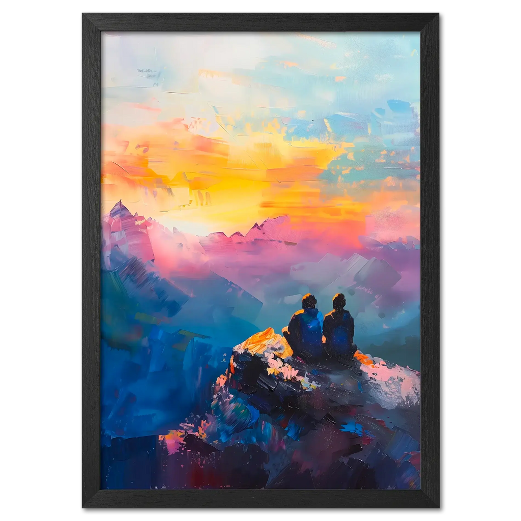 Together at the Top of the World - Poster featuring two people on a mountain peak at sunset.