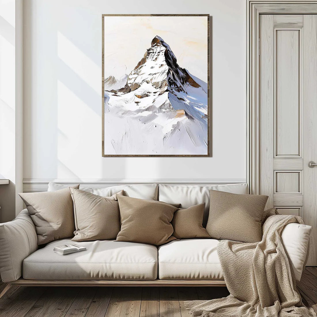 Top of the Matterhorn - Poster displayed in a modern living room, showcasing a snow-covered mountain peak.