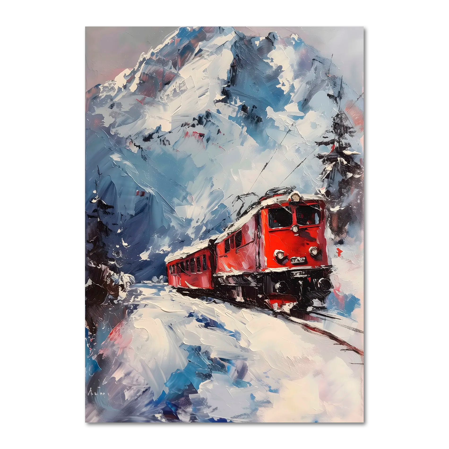 Train on Vacation - Poster featuring a red alpine train in a snowy mountain landscape.