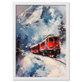 Train on Vacation - Poster featuring a red alpine train in a snowy mountain landscape with bold brushstrokes.
