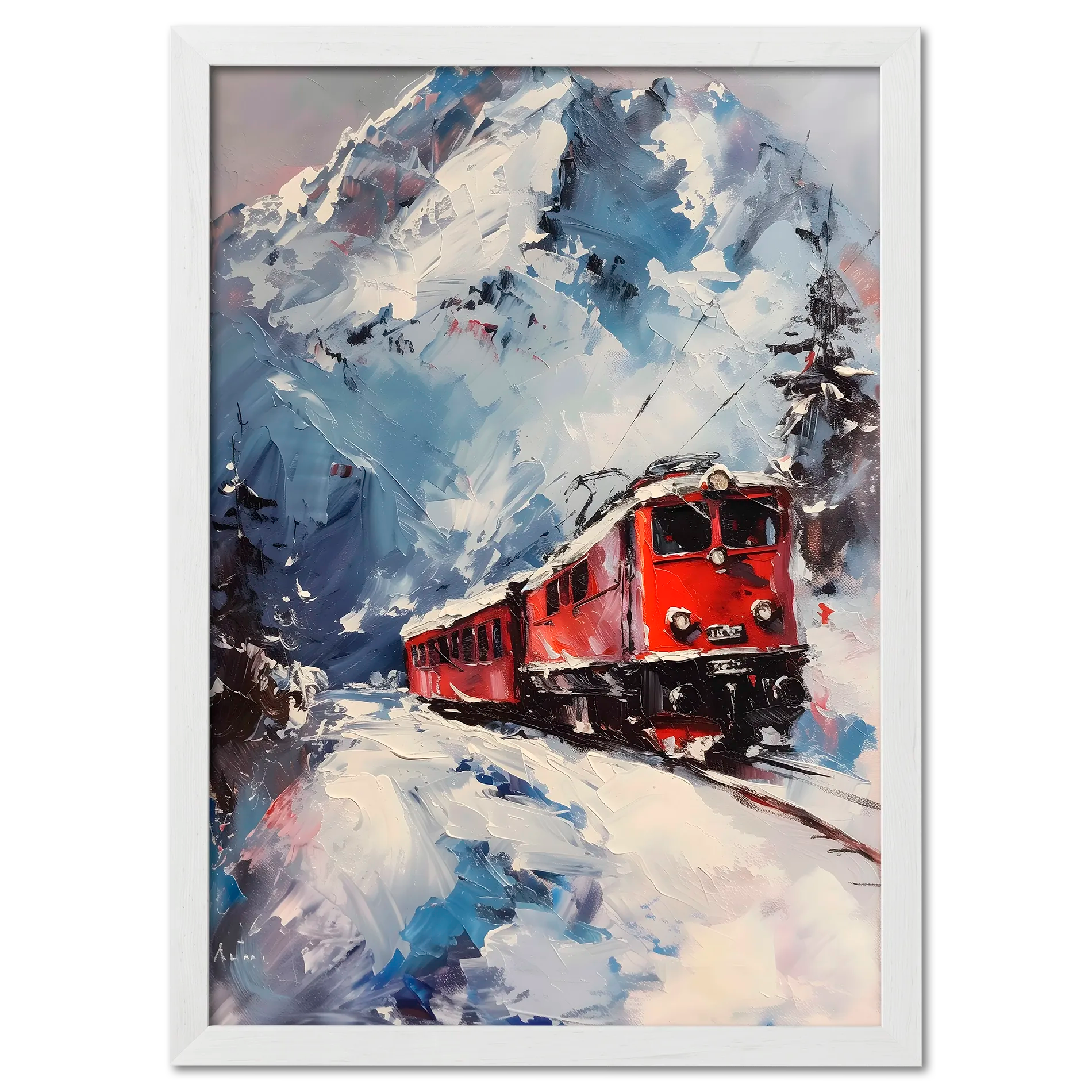 Train on Vacation - Poster featuring a red alpine train in a snowy mountain landscape with bold brushstrokes.