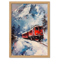 Train on Vacation - Poster featuring a bright red alpine train in a snowy mountain landscape with vibrant colors.