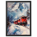 Train on Vacation - Poster featuring a bright red alpine train in a snowy mountain landscape.