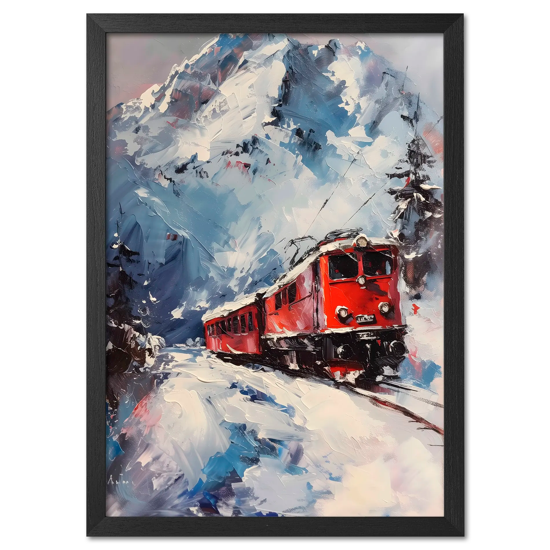 Train on Vacation - Poster featuring a bright red alpine train in a snowy mountain landscape.