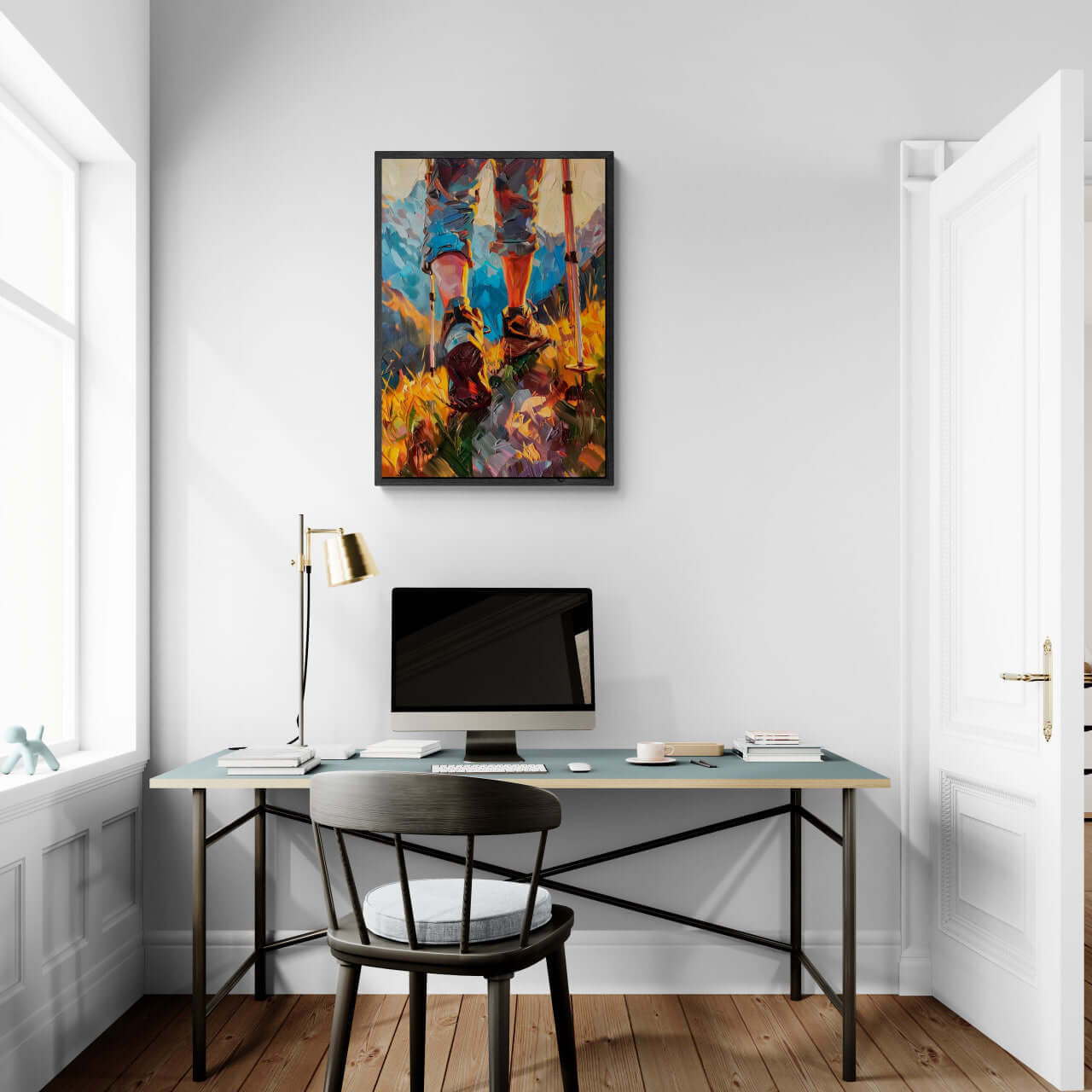 The Traveler’s Path - Poster showcasing hiking boots and walking poles in a serene workspace.
