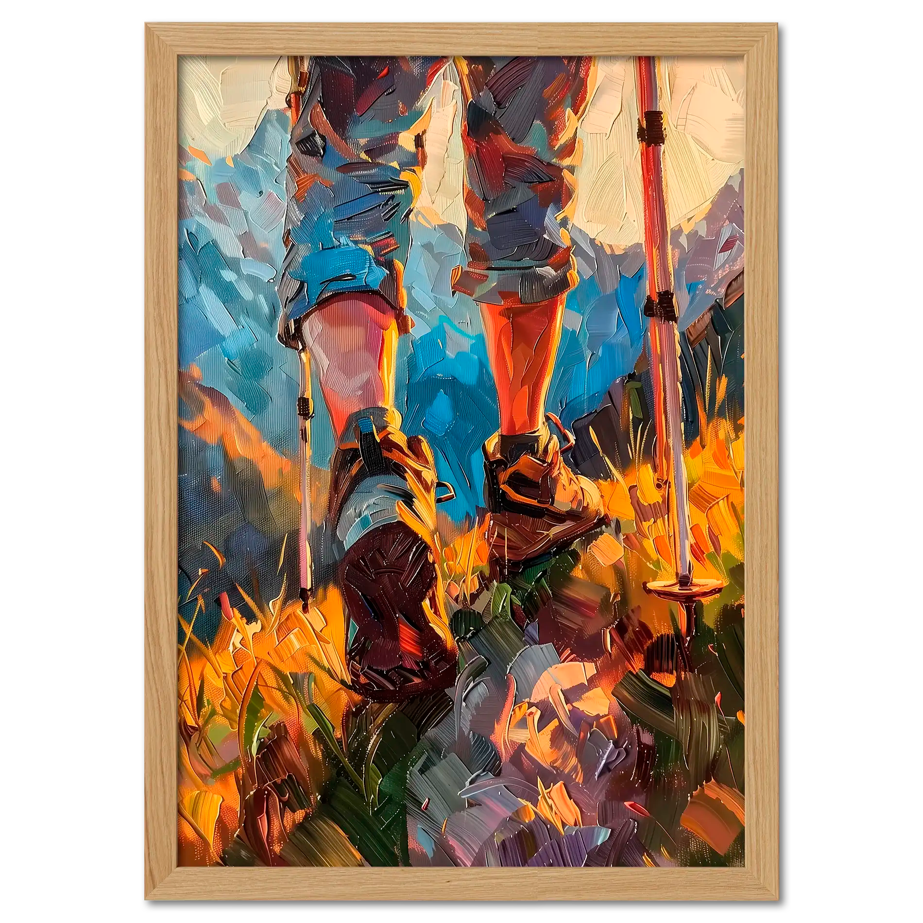 The Traveler’s Path - Poster featuring hiking boots and walking poles in tall grass under warm sunlight.