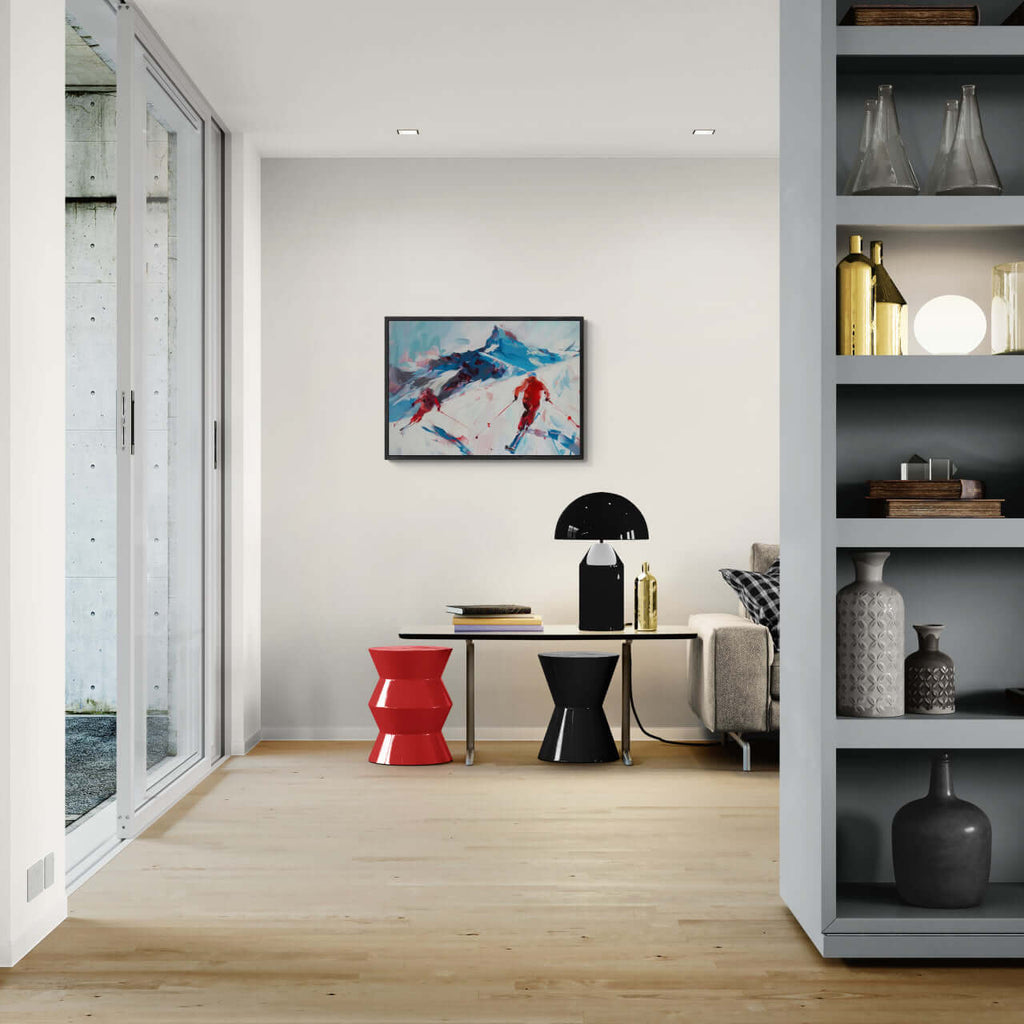 Two skiers on the mountain - Poster displayed in a modern living room interior with stylish furniture.