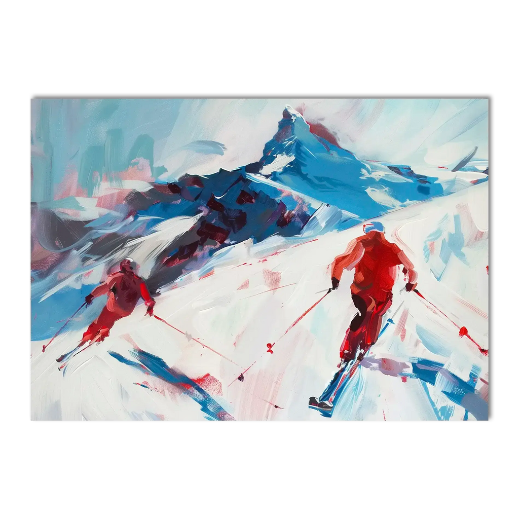 Two skiers on the mountain - Poster, dynamic wall art capturing alpine skiing excitement.