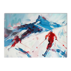 Two skiers on the mountain - Poster, dynamic wall art capturing alpine skiing excitement.