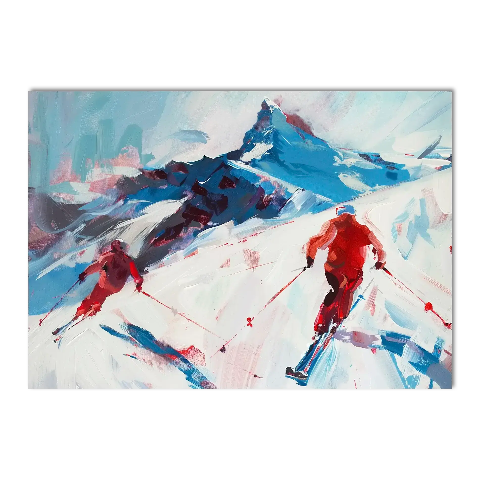 Two skiers on the mountain - Poster, dynamic wall art capturing alpine skiing excitement.