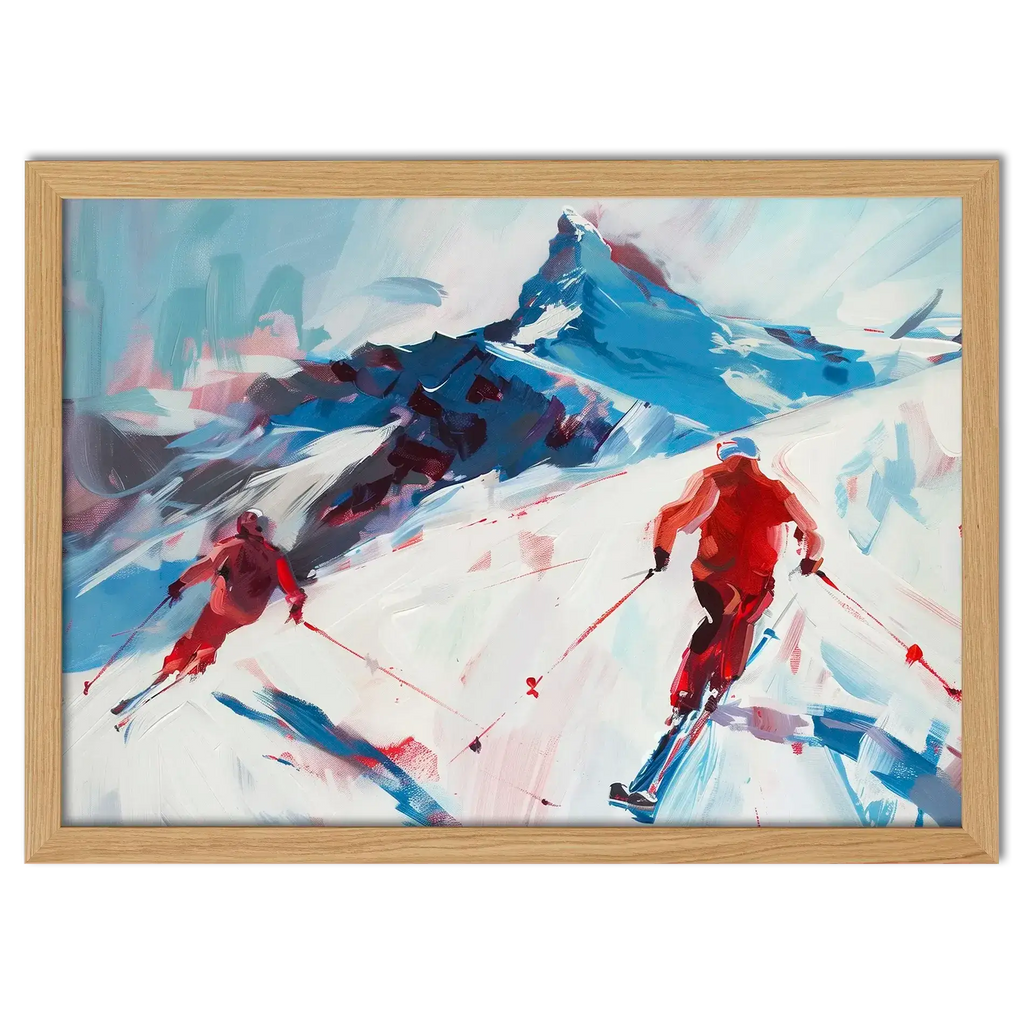 Two skiers on the mountain - Poster depicting dynamic alpine skiing with bold brushstrokes and a towering mountain.