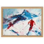 Two skiers on the mountain - Poster depicting dynamic alpine skiing with bold brushstrokes and a towering mountain.