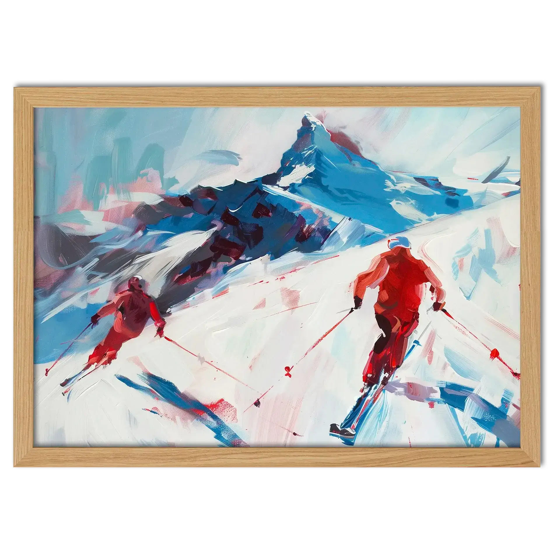 Two skiers on the mountain - Poster depicting dynamic alpine skiing with bold brushstrokes and a towering mountain.
