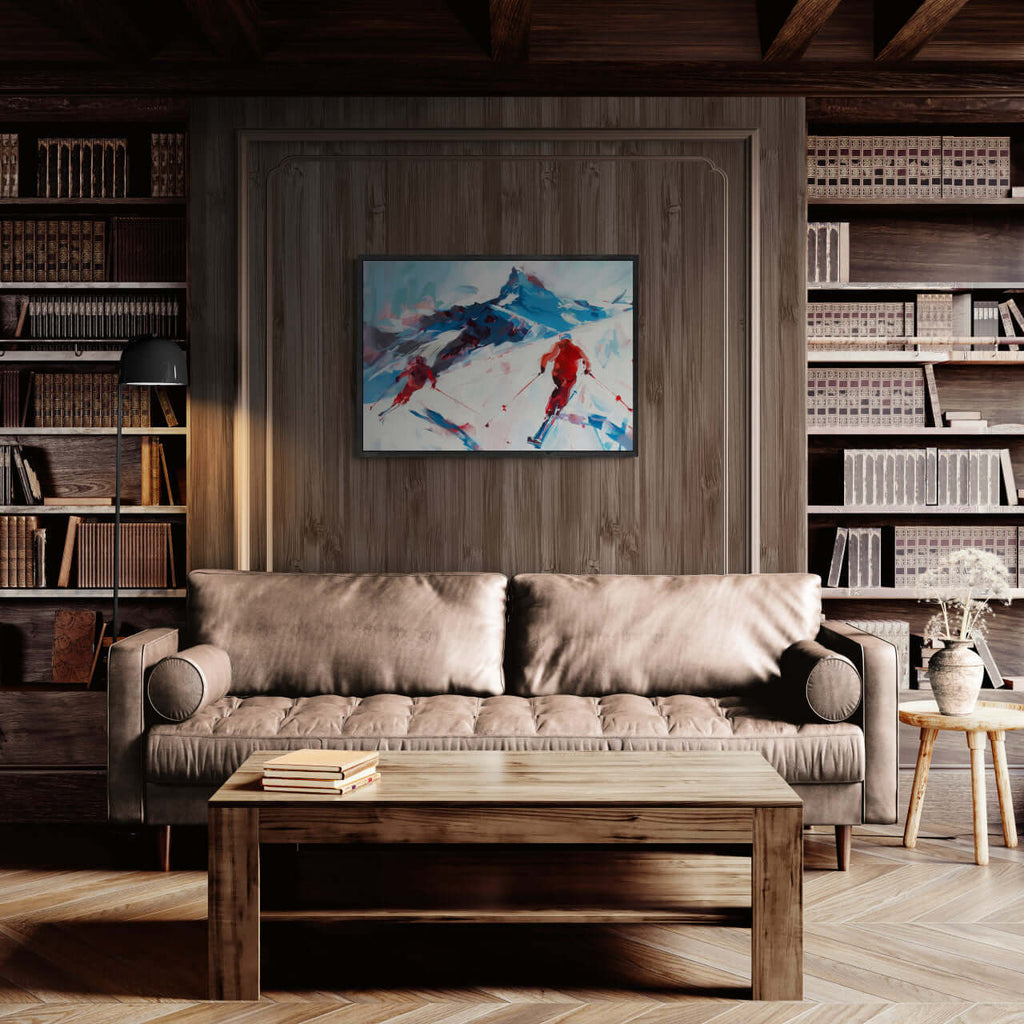 Two skiers on the mountain - Poster displayed in a cozy wooden interior with bookshelves and a comfortable sofa.