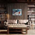 Two skiers on the mountain - Poster displayed in a cozy wooden interior with bookshelves and a comfortable sofa.