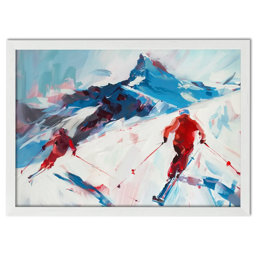 Two skiers on the mountain - Poster, vibrant wall art representing alpine skiing with a bold mountain backdrop.