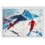 Two skiers on the mountain - Poster, vibrant wall art representing alpine skiing with a bold mountain backdrop.
