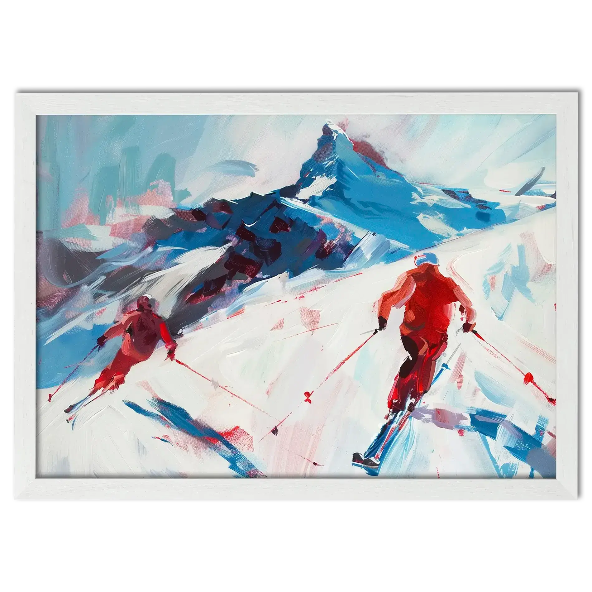 Two skiers on the mountain - Poster, vibrant wall art representing alpine skiing with a bold mountain backdrop.