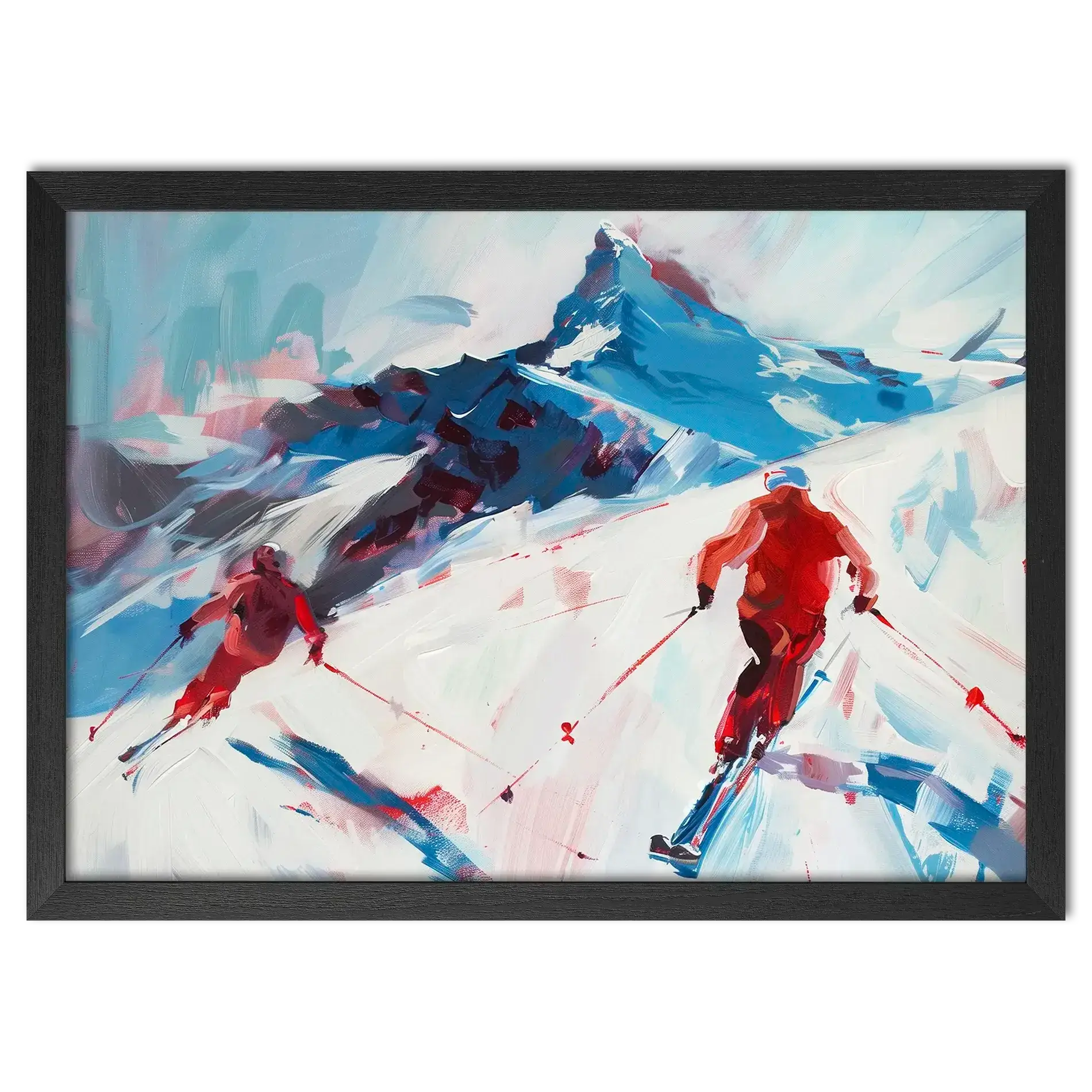 Two skiers on the mountain - Poster featuring dynamic skiing artwork, perfect wall art for sporty interiors.