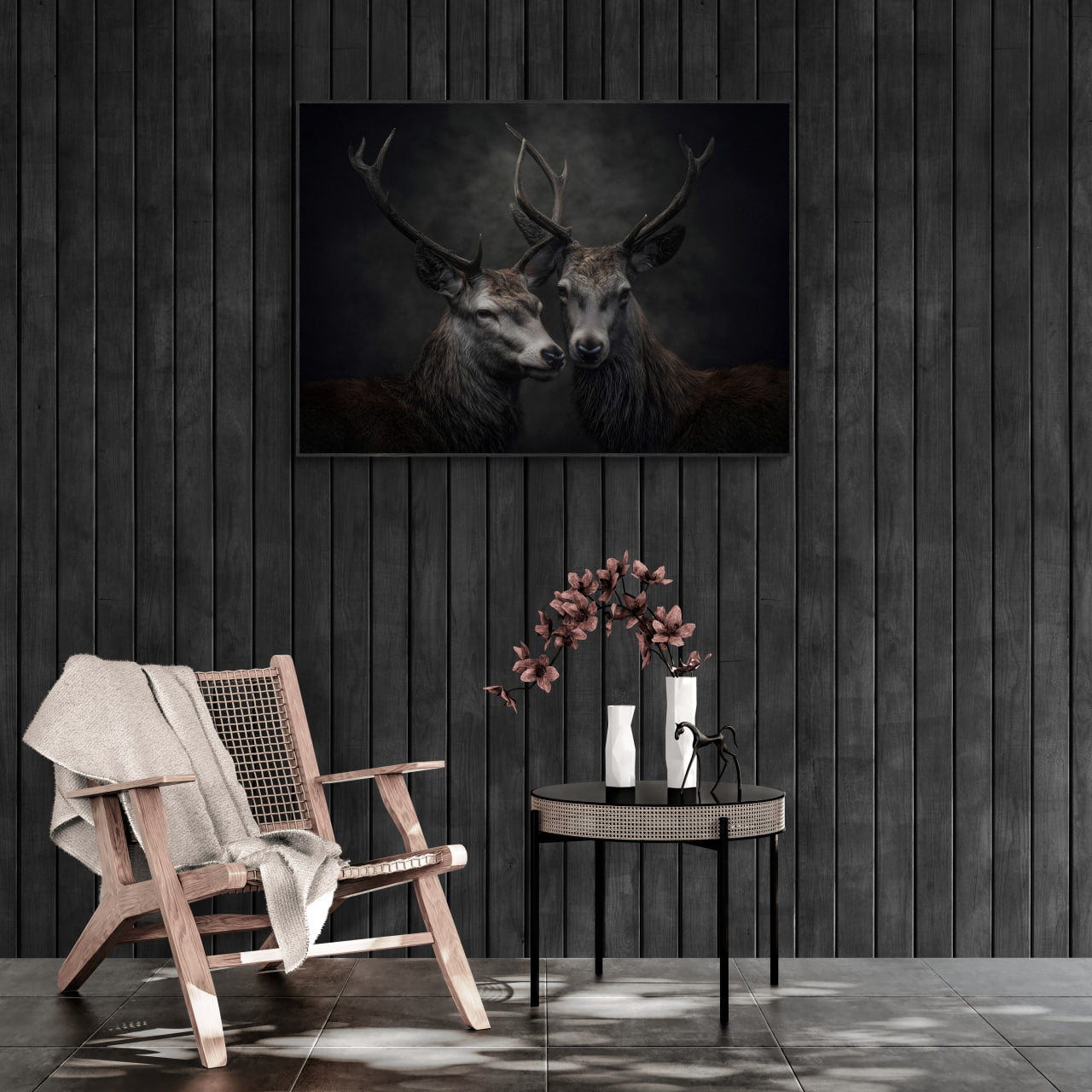 Unity of stags - Alu-Dibond wall art displayed in a modern living room setting.