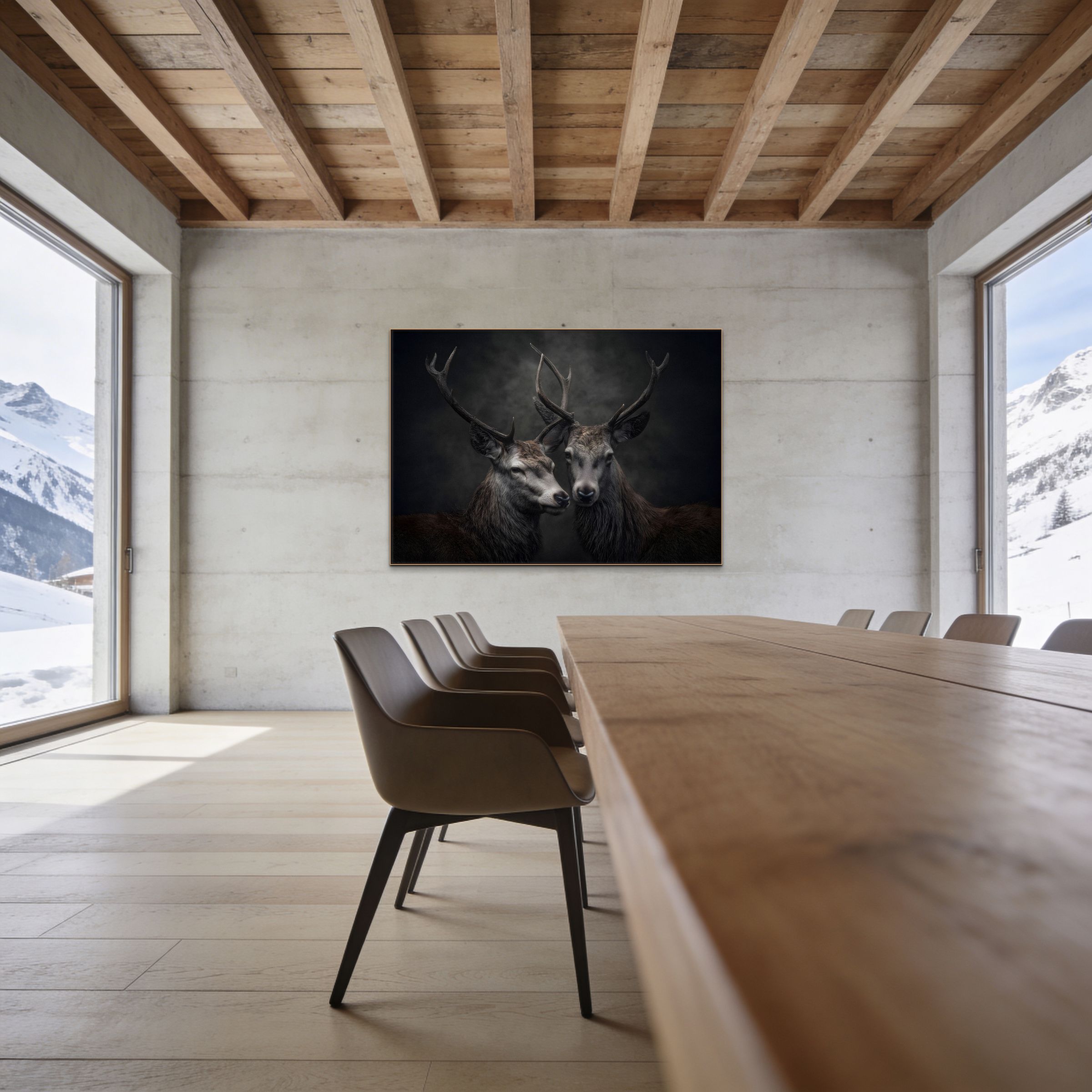 Unity of stags - Alu-Dibond wall art displayed in a modern meeting room with natural light.