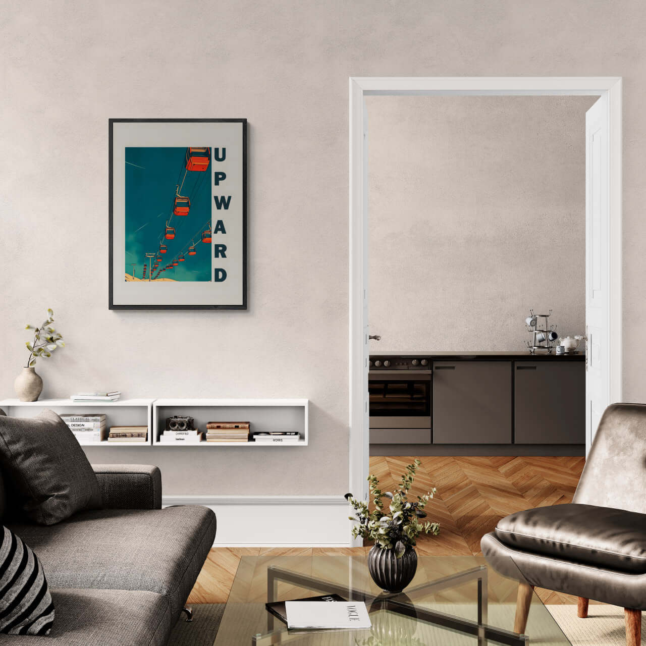 Up the Lift - Poster featuring red gondola cabins in a modern living room setting with stylish décor.