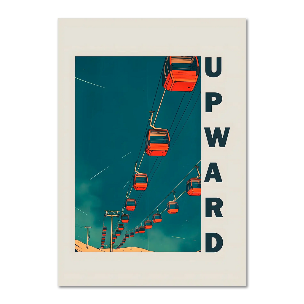 Up the Lift - Poster featuring red gondola cabins ascending against a deep blue sky, evoking adventure.