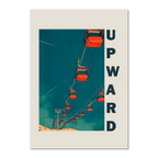Up the Lift - Poster featuring red gondola cabins ascending against a deep blue sky, evoking adventure.