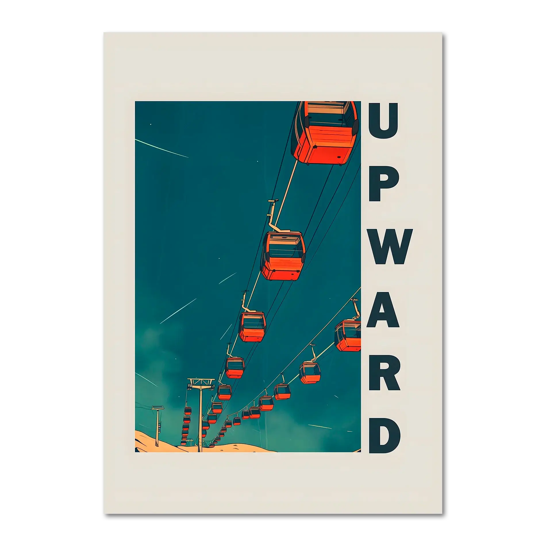 Up the Lift - Poster featuring red gondola cabins ascending against a deep blue sky, evoking adventure.