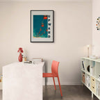 Up the Lift - Poster featuring red gondolas ascending against a blue sky, ideal for modern décor and wall art.