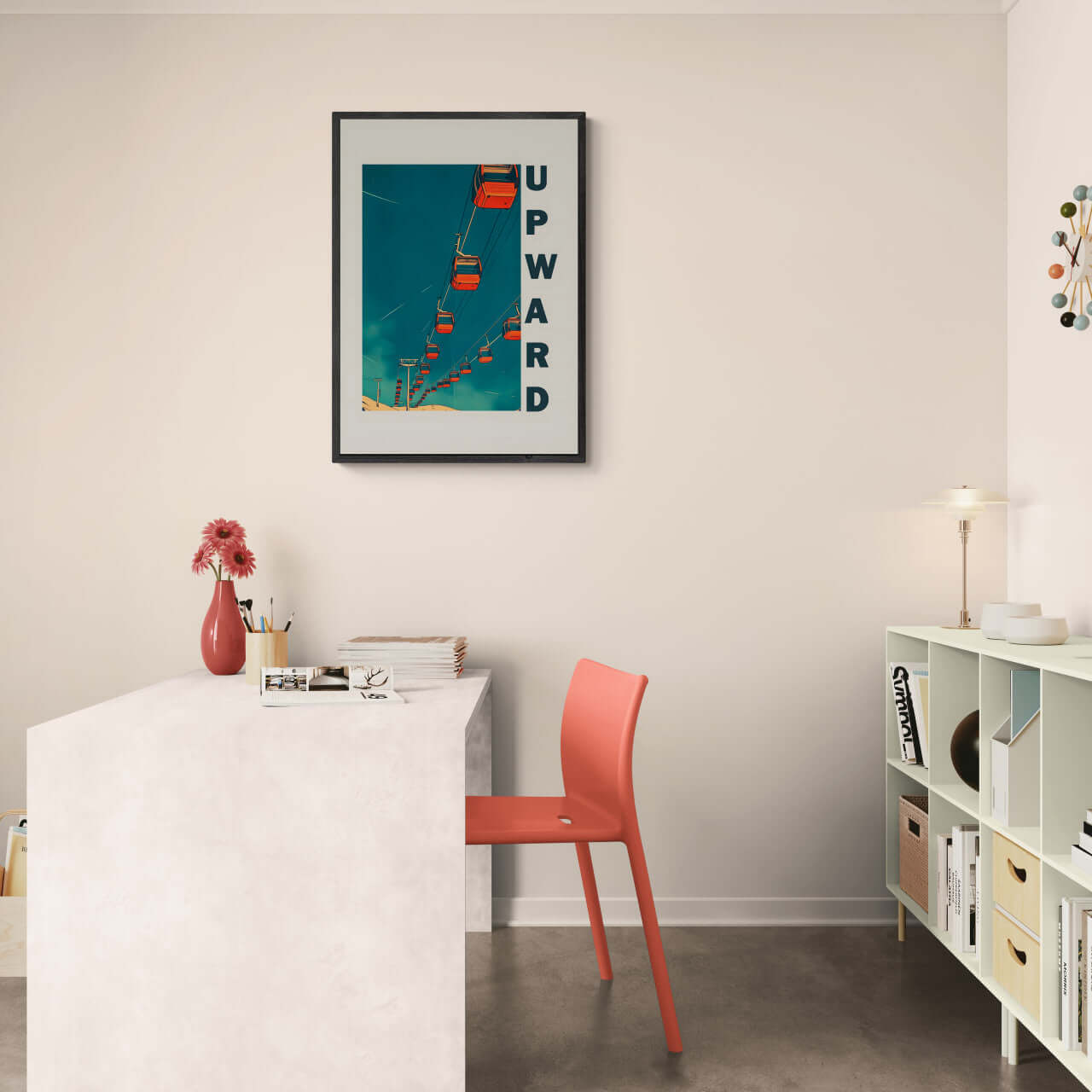 Up the Lift - Poster featuring red gondolas ascending against a blue sky, ideal for modern décor and wall art.