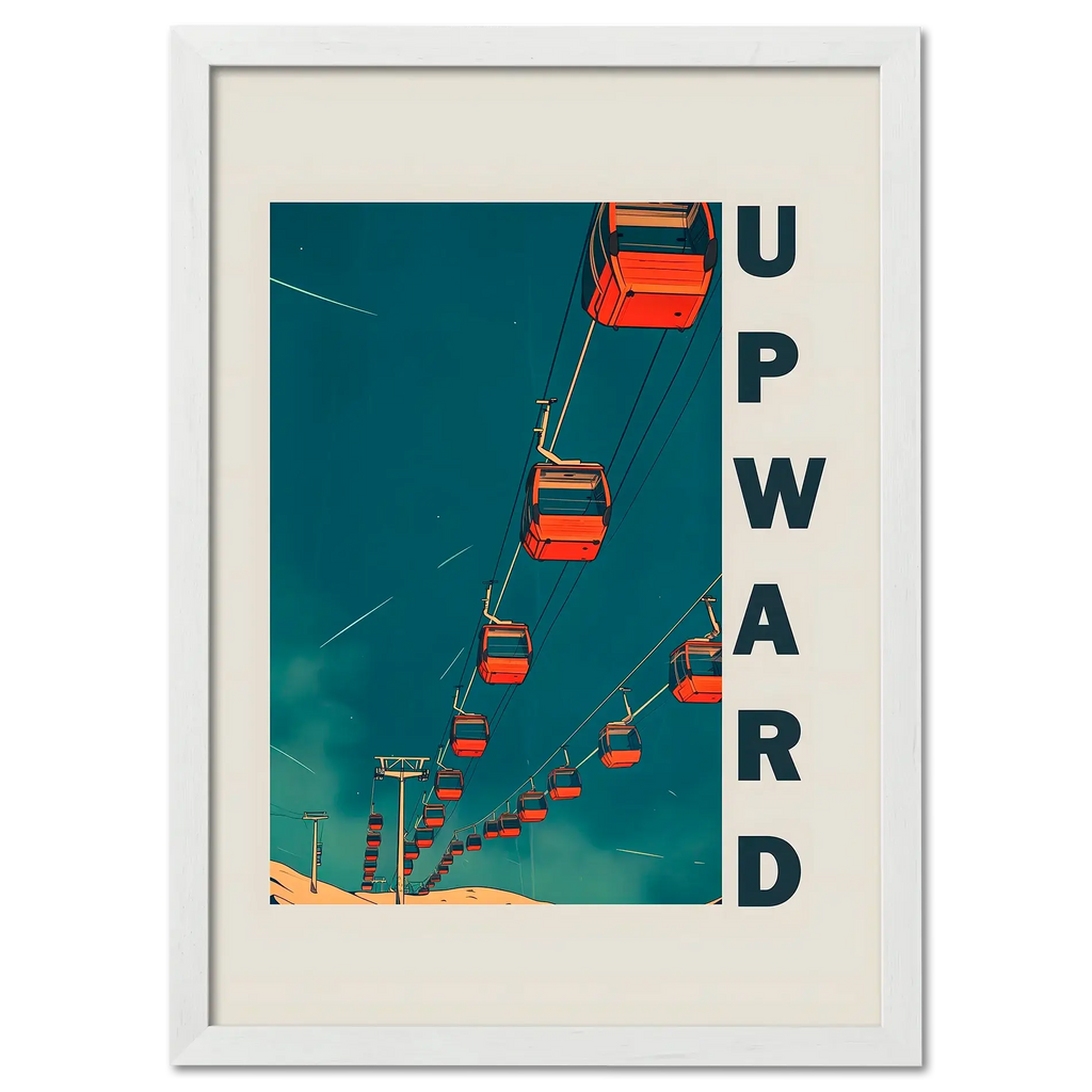 Up the Lift - Poster featuring red gondola cabins moving upward against a blue sky.