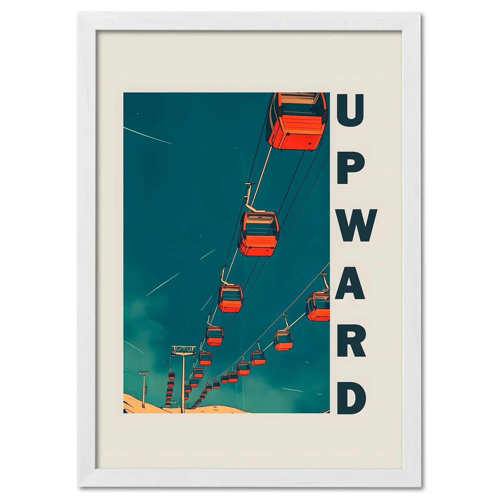 Up the Lift - Poster featuring red gondola cabins moving upward against a blue sky.
